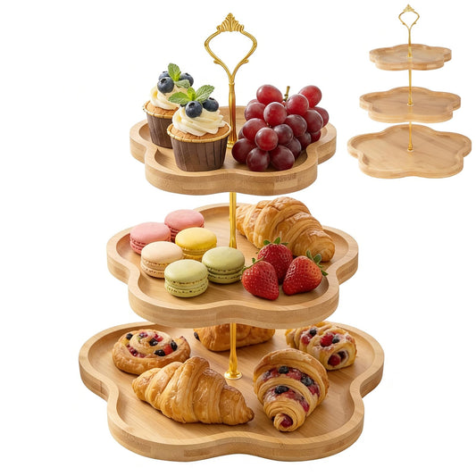 DUJUST Elegant 3-Tier Wooden Cupcake Stand with Flower-Shaped Design, Rustic Bamboo Tiered Serving Tray for Cupcake, Desserts, Tea Party, Wedding, Farmhouse & Kitchen Decor, Easy to Install & Clean