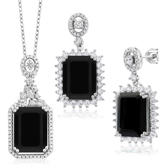 Gem Stone King 20.00 Cttw Black Onyx Pendant and Earrings Jewelry Set For Women | 925 Sterling Silver | Emerald Cut 14X10MM | Gemstone Birthstone | With 18 Inch Chain