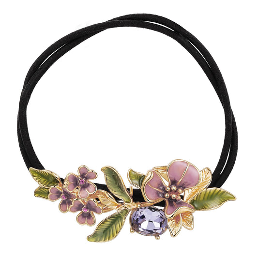 SHE'S FREE STYLE JUST FOR YOU Hair Scrunchies Iris Flower Crystal Ponytail Holder, Handmade Enamel Floral Hair Elastics for Women, Double Band Hair Ties for Girls Hair Accessory (Purple)