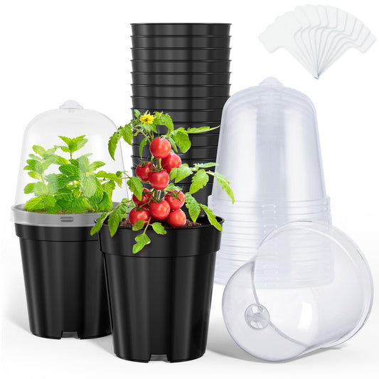 homenote Nursery Pots for Plants,5 Inch Plant Pot for Planting with Humidity Domes Plastic Seedling with Drainage Holes Seed Starter Flower with 10 Labels Black (15 Pack)