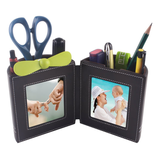 PLENTY Leather Pencil Cup Pen Holder with Photo Picture Frame, Desk Stationery Organizer with Magnetic Clasp for Home and Office Gift (Brown)