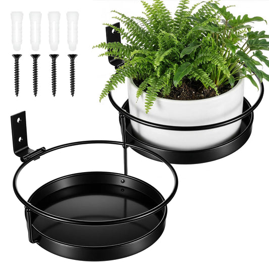 Afcabakila 2 Pcs Wall Mounted Plant Holder, Black Metal Flower Pot Hanger for IIndoor Outdoor Decorative Floating Shelves Planter Hanger Racks, Iron Wall Shelf with Ring for Balcony Living Room Decor