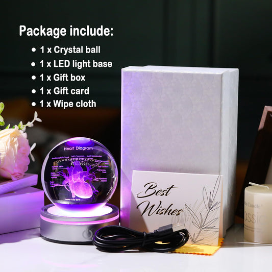Arikyrist 3D Human Heart 3.15 in. Crystal Ball Gifts for Men Women Doctor with Colorful Light Base, Glass Sphere Etched Heart Model Graduation Keepsake for Surgeon Cardiologist Anatomy Art Decor