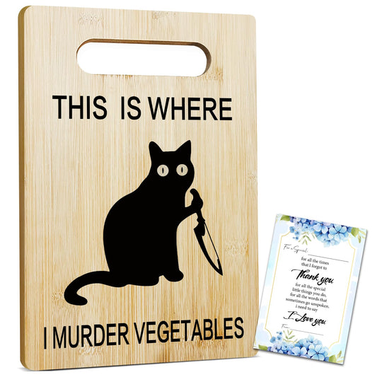 Funny Black Cat Bamboo Cutting Board for Kitchen, This is Where I Murder Vegetable Charcuterie Boards, Christmas Halloween Housewarming Gifts for Cat Lovers Friends Couple Women -011