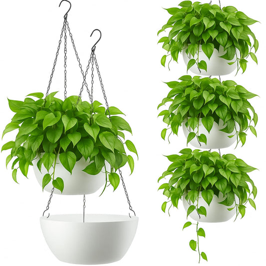 Maxcheck 4 Pack 13 Inch Large Hanging Planters Indoor Outdoor Flower Pots, Plant Containers with Drainage Hole Round Hanging Plant Pot for Home Garden Porch Balcony Patio Decor (White)
