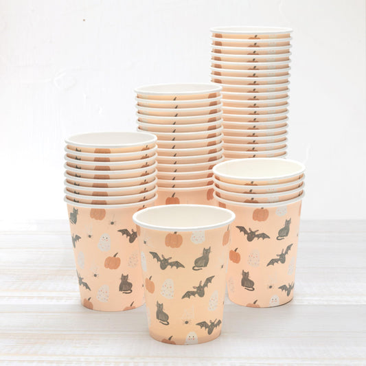 Cheerland Halloween Party Cups Pumpkin Disposable Paper Cups for Kid Spooky Ghost Birthday Party Cup Pink Halloween with Pastel Bat Cat Print Kids Birthday Summerween Supplies Pack of 50
