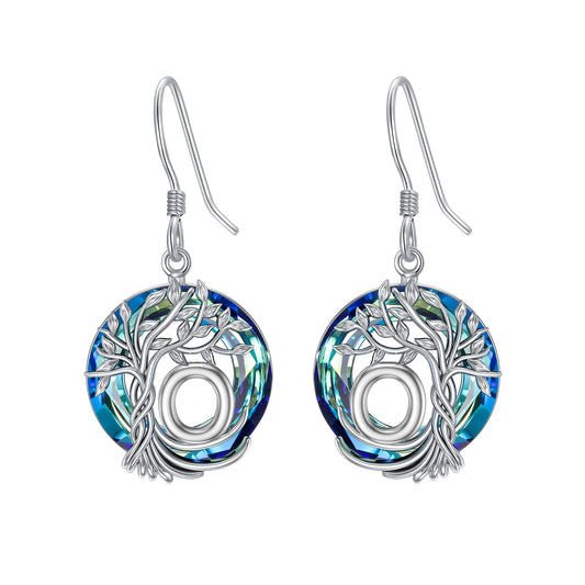 TOUPOP Tree of Life Initial Earrings Sterling Silver Initial O Letter Drop Dangle Earrings Blue Circle Crystal Family Tree Jewelry Birthday Mothers Day Gifts for Women Mom Her