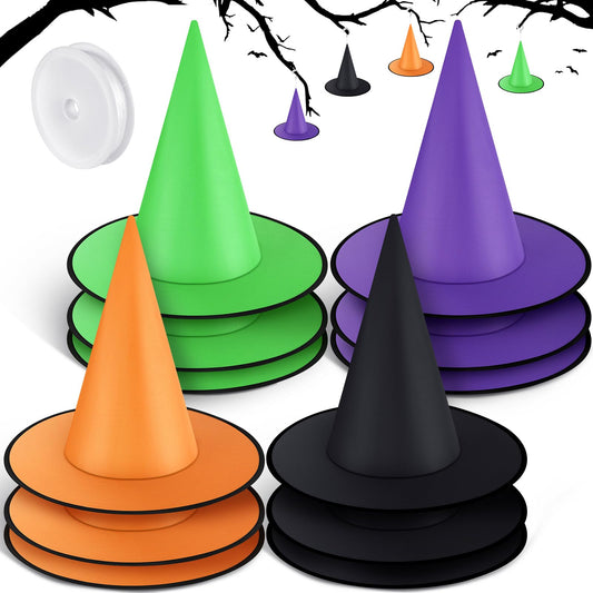Suhine 12 Pcs Halloween Witch Hat Bulk Hanging Decor with Rope Costume Accessories for Porch Yard Indoor Outdoor Decor(Classic,Black,Orange,Green,Purple)