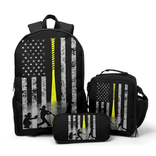 Giwawa Baseball American Flag Backpack Set 3 Pcs Patriotic USA Sporty Lightweight Bookbag Insulated Lunch Box Organizer for Athletes Students Sports Events Study Back to School Day Travel