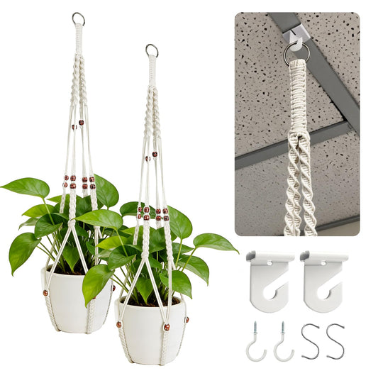 CollectHall 2 Pack Macrame Plant Hanger with Drop Ceiling Hooks, Hanging Planter with Wooden Bead, No Tassels for Indoor Outdoor Boho Office Classroom Decor, 35 Inches (Pots Not Included)