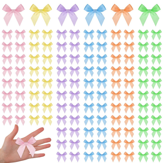 Rivvlive 100 Pcs Pastel Satin Ribbon with Twist Tie Bows 2.5 Inch Premade Bows for Spring Gift Wrapping Treat Bags Crafts Wedding Baby Shower Birthday Party Decorations