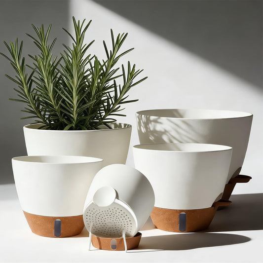 Tinecio 7/6.5/6/5.5/5 Inch Self Watering Pots, Plastic Flower Pots with Multi Mesh Drainage Holes and Deep Reservoir for Indoor Outdoor Garden Plants and Flowers (White, 5/5.5/6/6.5/7)