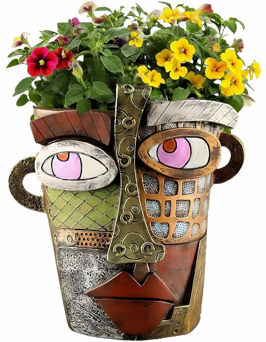 Yhupl Picasso Abstract Face Flower Pot,Unique Resin Crafted Planter with Drainage Holes,Interesting Colorful Planter with Human face,for Indoor and Outdoor Botanical Home décor (Retro)