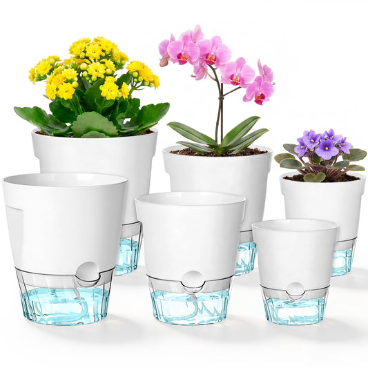 Hayder 5/6/7 Inch Self Watering Pots for Indoor Outdoor Plants 6 Pack, Plastic Planter with Drainage Holes, Water Level Indicator & Deep Clear Reservoir, Modern Decorative Flower Pots