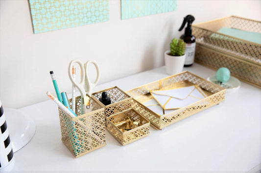 BLU MONACO | Aqua Desk Organizer Set for Women 6 Piece | Mail Sorter Organizer Countertop with Letter Sorter for Desk | Steel Desktop Organizer with Mesh Pen Holders