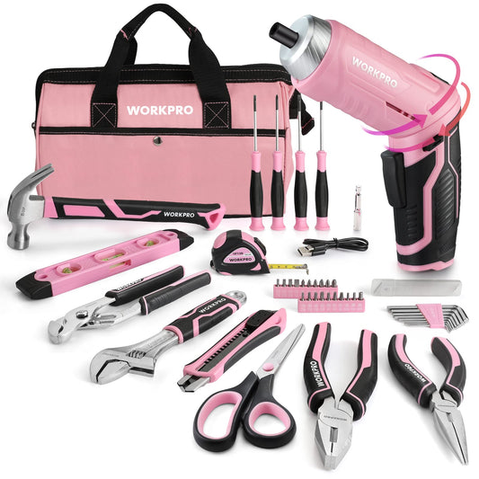 WORKPRO 53-Piece Pink Tool set with Electric Cordless Screwdriver, Basic Tool Kit Set for Women with 13'' Portable Tool Bag for DIY Home Repair/Maintenance - Pink Ribbon