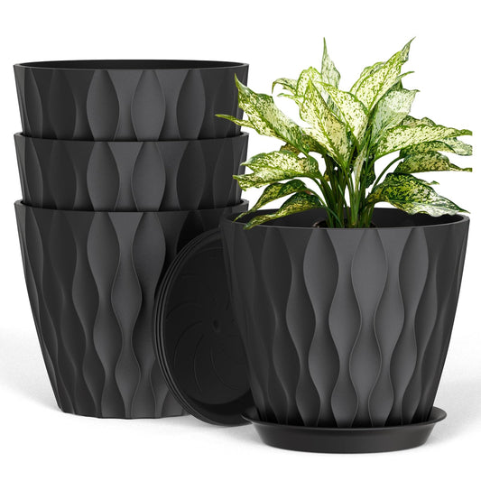 UOUZ 8 Inch Plant Pots, 4 Pack Plastic Planters for Indoor Outdoor with Drainage Holes & Saucers, Waffle Texture Flower Pots for Indoor Plants, Indoor Plant Pots for Monstera, Fiddle Leaf Fig, Black