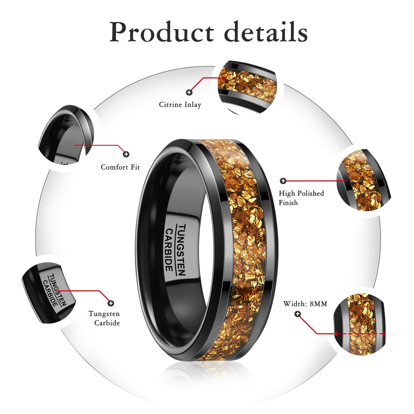 NUNCAD Men's Tungsten Rings 8mm Black Wedding Band Inlaid with Citrine Center Polished Domed Comfort Fit Size 8