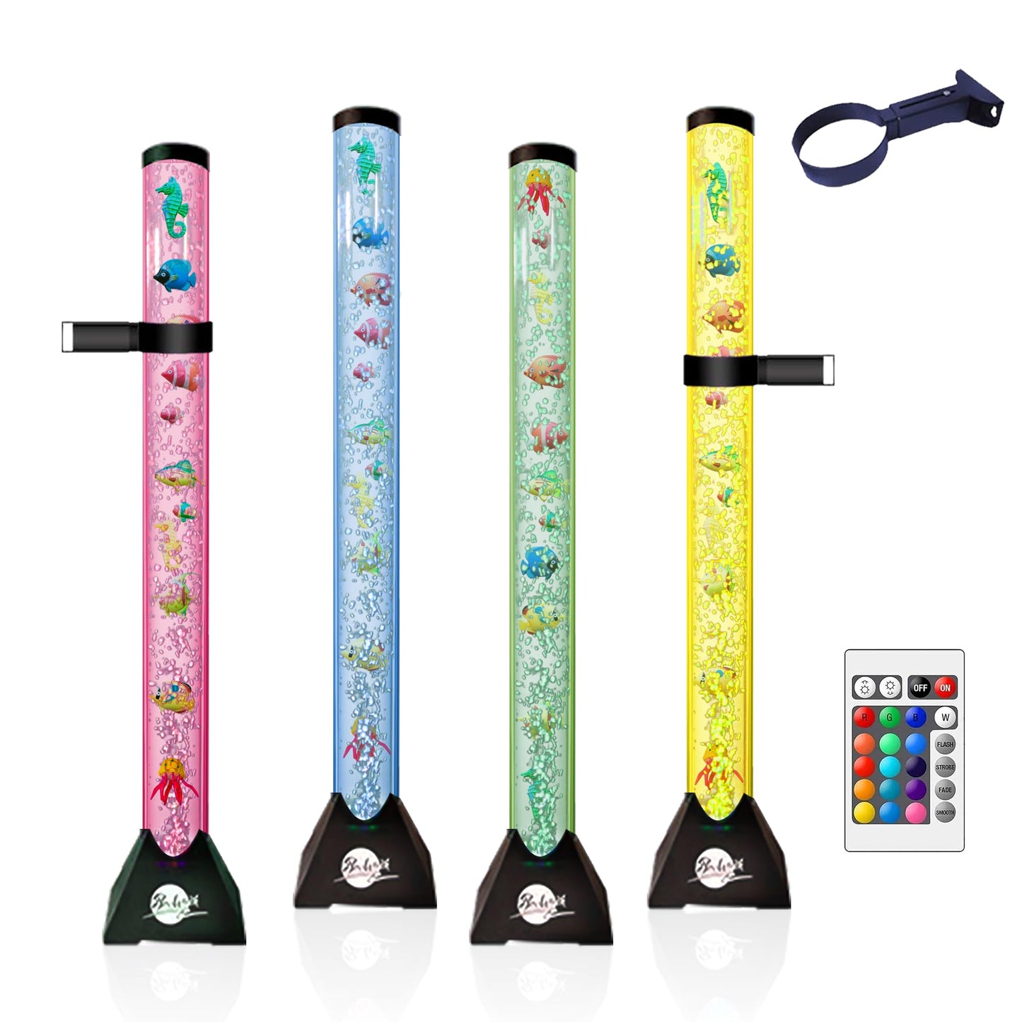Brewish 4FT Sensory LED Water Bubble Tube Lamp with 16 Color Changing Night Light Effects, Fake Aquarium Tank & Gift for Kids, Autism, Remote Control & 12 Fishes (Wall Bracket Included)