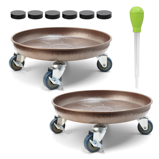 YUFDA 2 Pack 12.2 Inch Metal Plant Caddy With Lockable Wheels,Plant Stand Dolly for Heavy Planter,Wheeled Planter Saucer Tray,Rolling plant stand,Heavy-Duty Plant Caddy for Indoor and Outdoor(Copper)