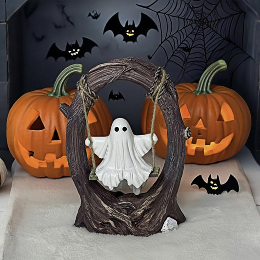 T Starlight Bright Q Swinging Ghost on Tree Swing, Cute Swinging Ghost Halloween Figurine Indoor Decoration, Desktop & Bookshelf Decor, Outdoor Courtyard Garden Decoration, Halloween Ghost Gift