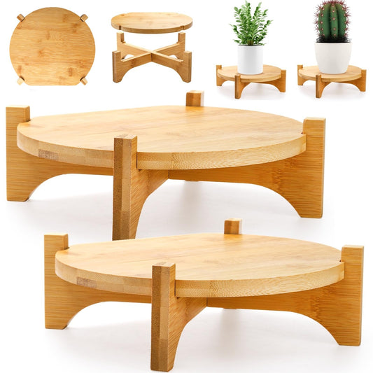 Pumtus 2 Pack Bamboo Plant Stand, Mid Century Modern Planter Stand, Detachable Flower Pot Holder, Sturdy Potted Plant Rack for Indoor Outdoor Garden Home, Fits Up to 8 Inch Planter (Pot Not Included)
