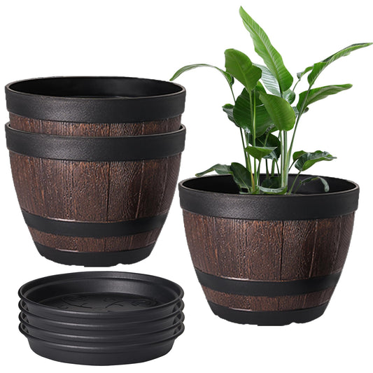 VECELO Plant Pots with Drainage Holes & Saucer, 9 Inch Flower Pots with Tray, 3 Pack Plastic Whiskey Barrel Planters for Indoor & Outdoor Garden Home Plants and Flowers