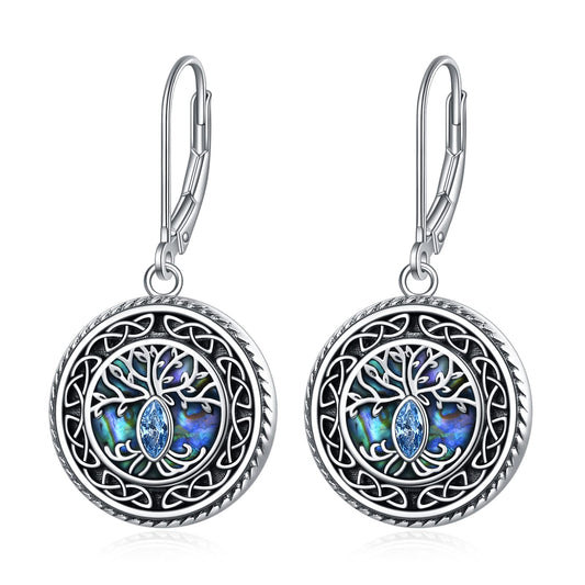 POPLYKE Tree of Life Earrings 925 Sterling Silver Leverback Earrings for Women Celtic Abalone Earrings Dangle
