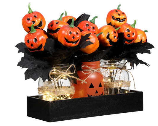 Honeydak 9 Pcs Halloween Table Centerpieces Pumpkin Mason Jar for Halloween Table Dining Room with Farmhouse Wood Tray 3 Mason Jars with Artificial Flowers and 2 LED Light for Dining Room