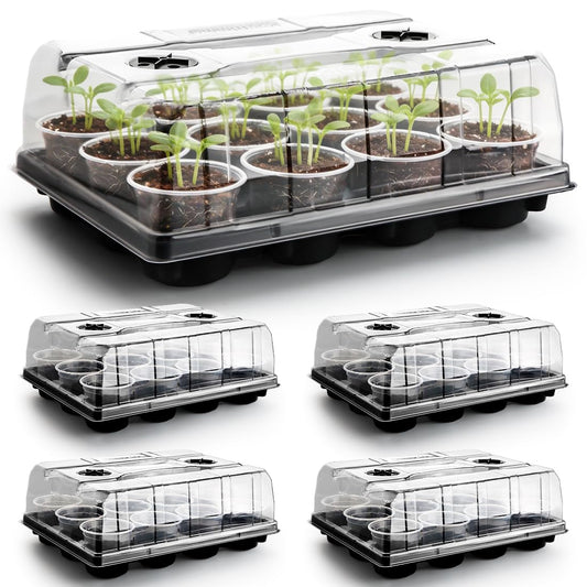 RooTrimmer 5 Pack 12 Cell Nursery Pot Trays with Adjustable Humidity Domes & 4 Inch Clear Pots 60 Pack, Sturdy Seed Starting Kit for Greenhouse Garden, Reusable Plant Growing Germination 5 Sets