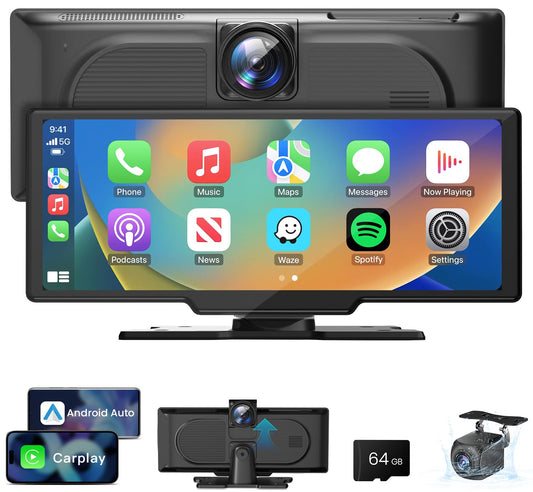 10.26 Inch Wireless CarPlay Screen - 4k Dash Cam Car Play & Android Auto Screen for Car, 1080p Backup Camera, Voice Control Mirror Link Bluetooth GPS Navigation Bluetooth Mirror Link