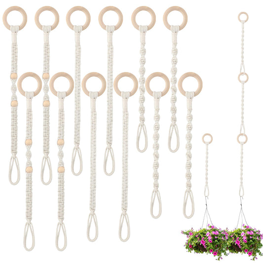 Windyun 12 Pack Adjustable Macrame Plant Hanger Extenders Connectable Rope Hanging Plant Extender Handmade Woven Hanging Basket Extension with Wooden Ring for Indoor Outdoor Pot Holder