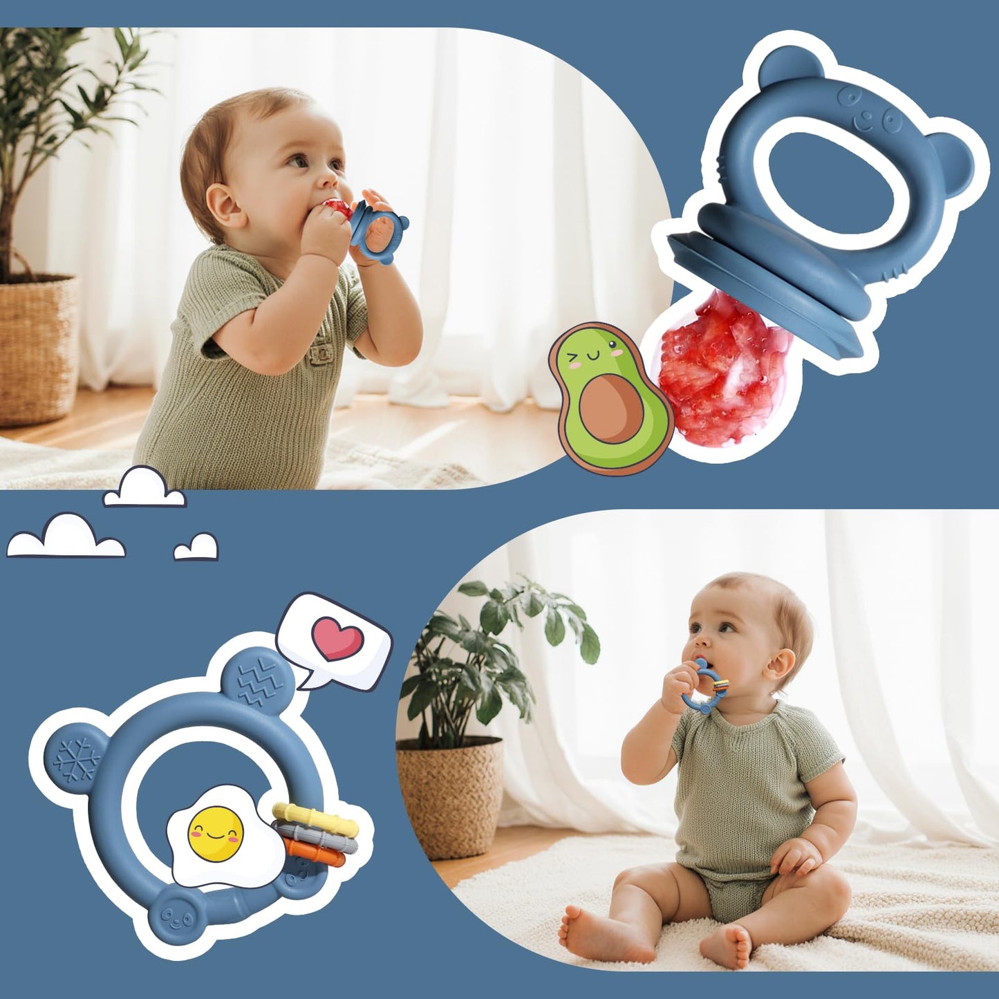 Baby Fruit Food Feeder & Breastmilk Popsicle Molds for Teething Relief, Baby Feeding Sets, 1 Freezer Tray with Lid & 1 Teether Toy & 1 Silicone Teething Pacifier Feeder, Extra Food Pouches (Blue)