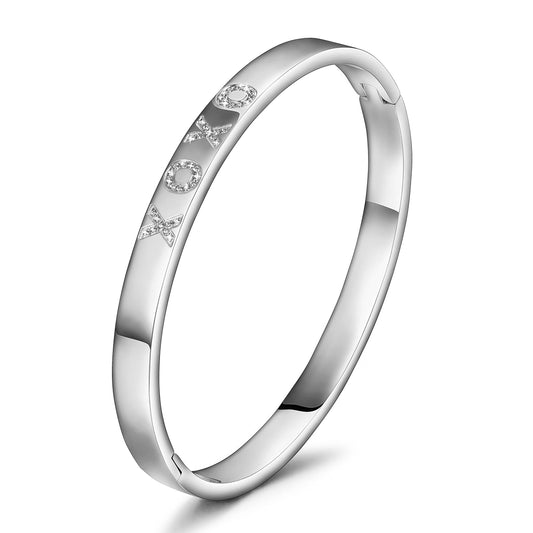 WISTIC Gold Plated Bangle Bracelet for Women, Silver Engraved Letter Cuff Bracelet with CZ, Fits 6.0–7.0 Inch Wrist, 2.4in Inner Dia., Rose Gold Stainless Steel Hinged Bangle Jewelry, XOXO, Silver