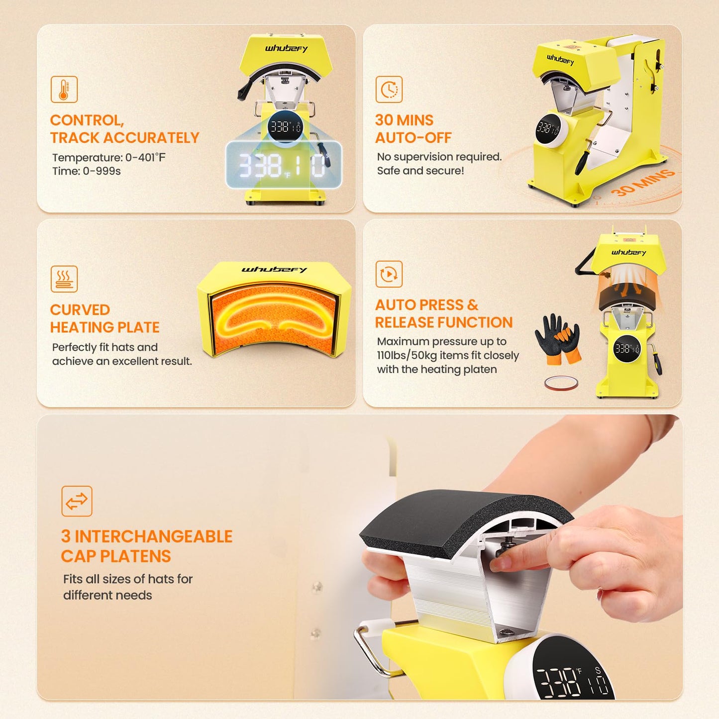 Whubefy Auto Hat Heat Press Machine, 3-in-1 Hat Press Heat Machine for Caps with 3 Platens, Blank Cap, Gloves, Automatic Open/Release, Heat Transfer Cap Heat Press HTV Iron On for Vinyl, Sublimation