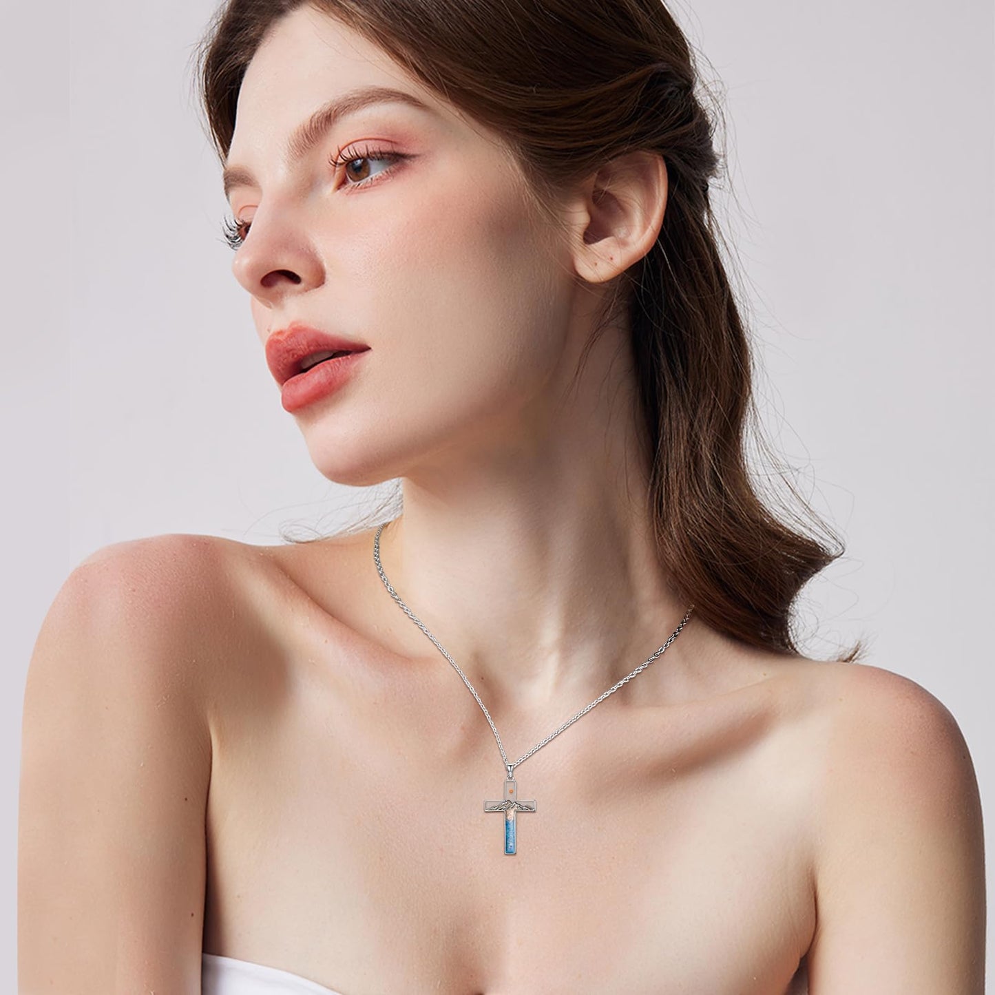 Suiknsn Mustard Seed Necklace 925 Sterling Silver Blue Opal Turquoise Mountain Necklace Faith Cross Pendant Christian Jewelry Hiking Gifts for Women Mom