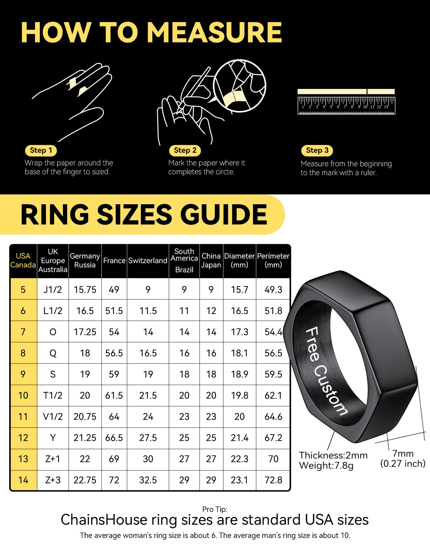 ChainsHouse Personalized Engravable Stainless Steel Black Hexagon Geometric Biker Ring Bands, Size 14