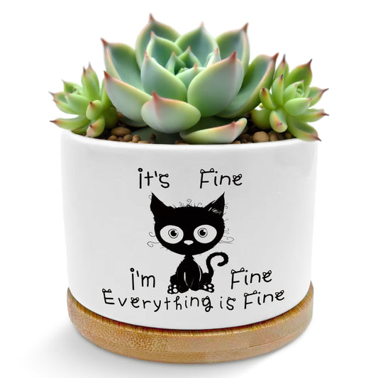 ROXMART Funny Office Black Cat Plant Pots, Cat Lover Gifts Succulent Planters, It's Fine Everything is Fine Sarcastic Ceramic Plant Flower Pots for Home Office Desk Table Shelf(No Plants)