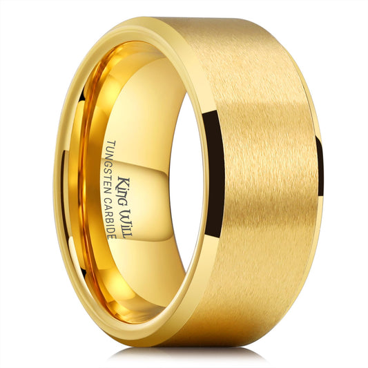 King Will Men's 8mm Gold Wedding Band – Matte Brushed Finish, Polished Beveled Edge, Comfort Fit Engagement Ring