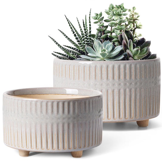 LE TAUCI Succulent Pots, 6.5+8 Inch Ceramic Indoor Plant Pot with Drainage Hole, Shallow Round Succulent Planters, Set of 2, Reactive Glaze Star White