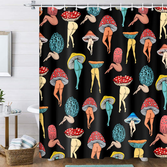 Uokiuki Funny Mushroom Butt Shower Curtain, Fun Cute Sexy Butt 70S 80S Fabric Shower Curtains for Bathroom Hippie Psychedelic Aesthetic Colorful Unique Cool Cloth Black Shower Curtain Set 70X70IN