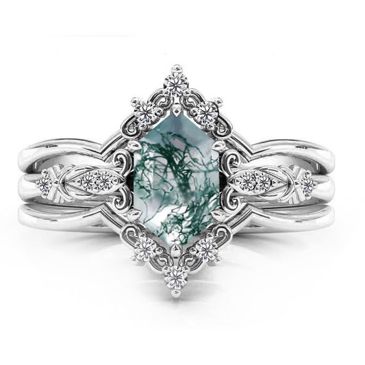 LELOUCHY Natural Moss Agate 925 Sterling Silver Rings Set Leaf Art Deco Hexagon Moss Agate Engagement Wedding Promise Rings Set Vintage Unique Bridal Jewelry Set for Women-9