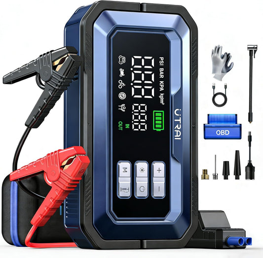 UTRAI Jump Starter with Air Compressor 150PSI, 8000A Peak 12V Jump Box for Car Battery (All Gas/12.0L Diesel), 160W DC Output Car Jumper Starter Portable, Jump Pack with OBD II Scanner, LED Light