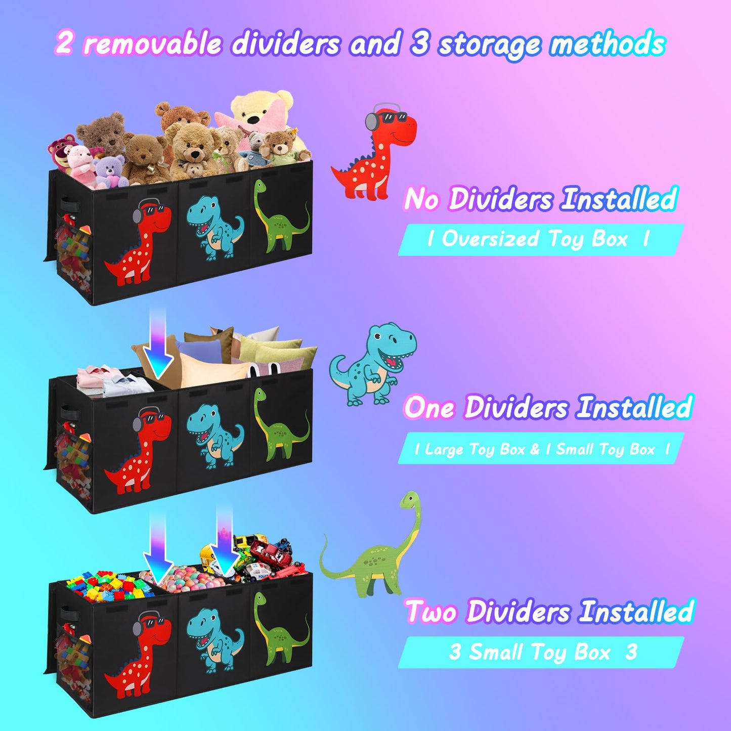 Mabahoo Extra Large Toy Box Chest, Collapsible Sturdy Kids Storage Organizer Bins with Lids, Black Dinosaur Toy Chest for Boys Girls, 40"x16"x16" Toy Storage Bin Boxes for Playroom Bedroom Nursery