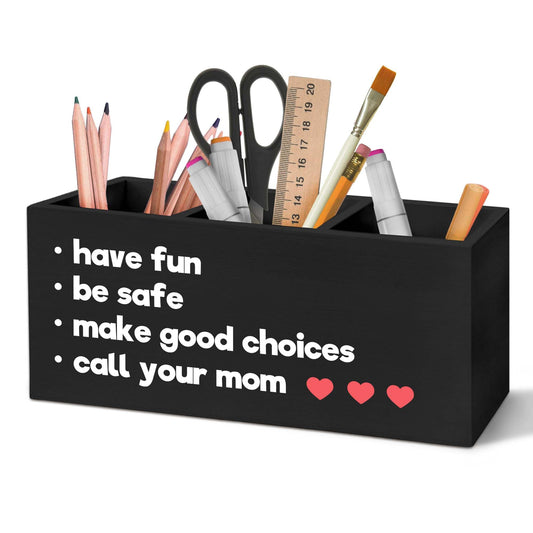 Yjeslw Funny Call Your Mom Pen Holder Organizer for Desk Accessories, Gifts for College Freshman Students Wooden Box Sign Desk Decorations for Classroom College Dorm Decor, Back to School Gifts