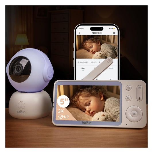 BOIFUN 2K HD 5-Inch Split-Screen, Smart WiFi Baby Monitor with Camera and Audio, Smartphone APP, AI Motion & Cry Detection, Night Vision, 360° Auto Tracking,Humidity &Temperature Detection,2-Way Talk