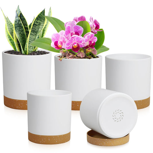 WSMKSZ 5 Pack Cylindrical Flower Pots with 7/6.5/6/5/4 inch, Modern Small Plastic Plant Pots with Drainage Holes & Saucers, Round Planter Pots for Outdoor, Indoor & Office Decor (White Brown)