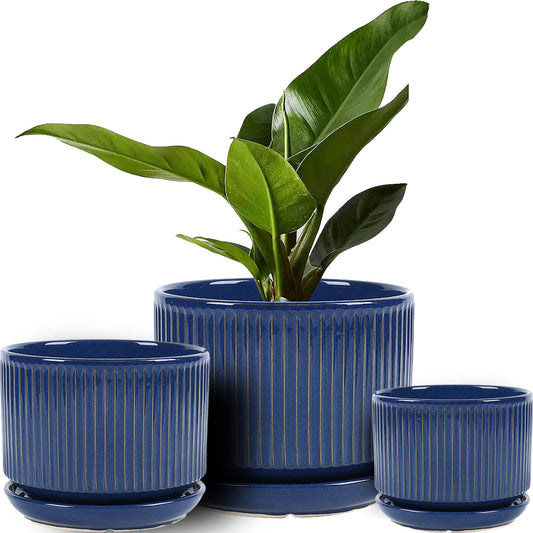 TANEW Ceramic Plant Pots with Drainage Hole and Saucer, Set of 3, 4.3+5.5+6.7 Inch Stripe Garden Planter Pots for Outdoor Indoor Succulent Orchid Plants Flower, Gifts for Mom, Reactive Glaze Blue