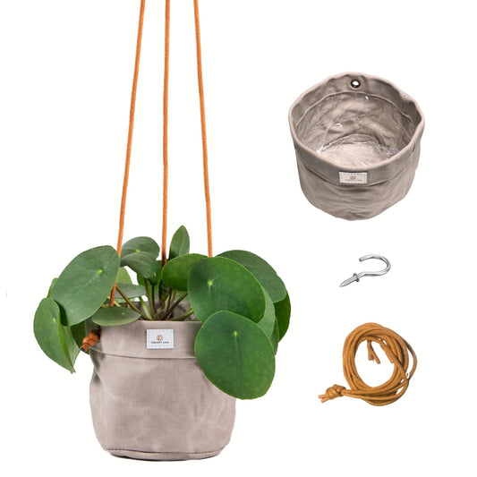 Concept Casa - Large Waxed Canvas Handmade Hanging Planter for Indoor/Outdoor Plants, Hanging Basket Plant Holder Stone Gray with Hook
