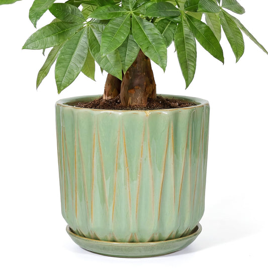 TOSELBAI 10 Inch Ceramic Planter Pot with Saucer Drainage Leak-Proof Mesh,Flower Pots for Indoor Plants with Gardening Gloves,Ceramic Planter(Light Green)